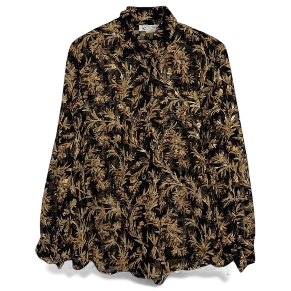 Richard Kristall Black Gold Floral Sheer Long Sleeve Button Up Shirt Top‎ L